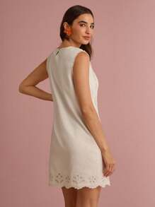 Enchnt Summer/Fall Romantic Women's White Linen Exquisite Floral Hollow Embroidered Lace Sleeveless Loose Mini Dress - White - View 7