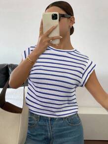 Siren Gaze Women's Casual Stripe Pattern Batwing Sleeve Loose T-Shirt, Summer - Blue and White - View 6