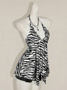 SHEIN ICON Women's Zebra Print Ruffled Hem Halter Neck Top Animal Print Swimwear, Y2k Tops - Black and White - View 3