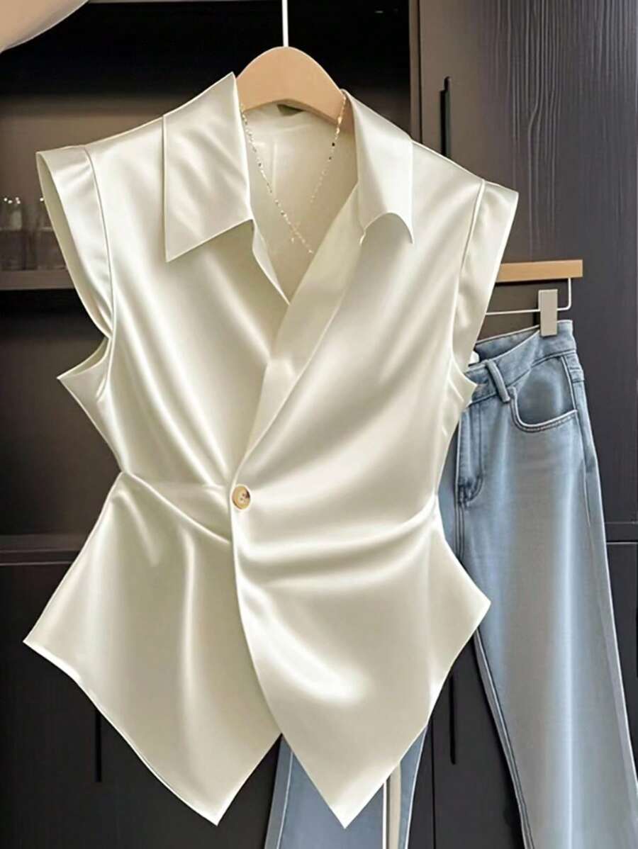 Franclia Ladies Solid Color Single-Button Cuffed Ruffle Casual Blouse - Apricot - View 1