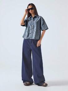 LYSMO 夏季女款灰色牛仔上衣，短袖寬鬆水鑽鈕扣口袋襯衫，休閒優雅日常西式風格寬鬆工作服生日禮物 - 藍色 - 查看 1