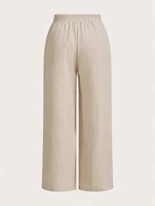 SHEIN Essnce Plus Women's Summer Vacation Business Casual Woman Office New Style Fashion Casual Commuting Vacation Light Breathable Comfortable 3 Pieces Loose Wide-Leg Pants, Seaside Pants - Khaki - View 12