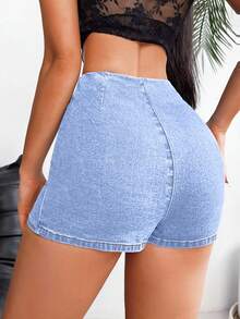 SHEIN Tall 女士休闲水洗裹身牛仔短裤 - 霧霾藍 - 查看 2