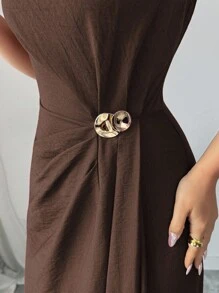 Selianne 女士优雅商务休闲太阳裙，纯色圆领收腰，金色金属扣装饰，无袖中长款，适合工作、度假、下午茶、春夏季 - 咖啡棕 - 查看 7