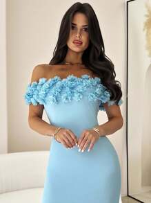 Firerie Đầm Maxi Ôm Body Lưới Hoa Một Vai Màu Xanh Lãng Mạn Thanh Lịch, Thích Hợp Cho Các Buổi Hẹn Hò, Tiệc Tùng, Kỳ Nghỉ - Màu xanh lam - Xem 3