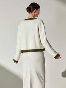 CLARA VERO Women Contrast Trim Cardigan With Flap Detail Knit Sets Sweater Set Coords Sets Women Two Tone Cardigan Casual Chic Vintage Light Pink Long Sleeve V-Neck Solid Color Knit Pullover Sweater, Minimal Elegant Cozy Winter Modest Top For Women Fuzzy Knit Set Two Piece Knit Set,Cardigans,Petite,Tall - White - View 7