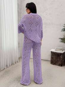 EURMUSE Women Hollow Out Cut Out Button Front Knit Shirt Top And Sweater Pant 2pcs Set Co-Ords Cover Up Beach Set - Lilac Purple - View 2