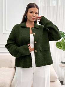 EURMUSE 大码纯色针织开衫，秋冬休闲 - 軍綠色 - 查看 5