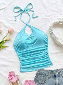 Soleia Women's Romantic Vacation Turquoise Knit Halter Hollow Floral Rhinestones Embellished Mini Dress, Suitable For Holiday Dates, Afternoon Tea, Beach, Cruise, Urban Getaway, Wedding Season, Music Festivals, Boho Vacation Halter Top Beach Top Rhinestone Top - Mint Blue - View 3