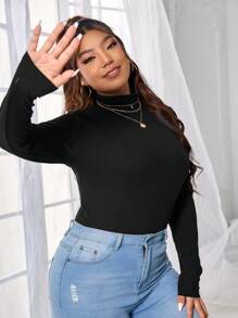 SHEIN PETITE CURVE 大码圆领纯色罗纹长袖休闲立领T恤 - 黑色 - 查看 3