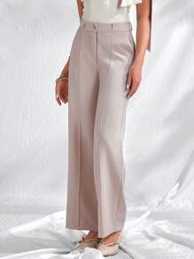 EURMUSE Women's Casual Commuting Solid High Waist Straight Leg Pants - Beige - View 3