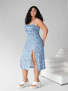 Solflare 大码女装、沙滩装、波西米亚风、春装、加大节日派对连衣裙、夏威夷女装、休闲女装、细肩带印花开衩下摆休闲连衣裙 - 藍色 - 查看 4