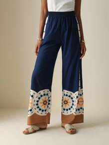 Lyxana Women Elastic Waist Placed Floral Wide Leg Pants Fall Cloth For Women - Multicolor - View 4