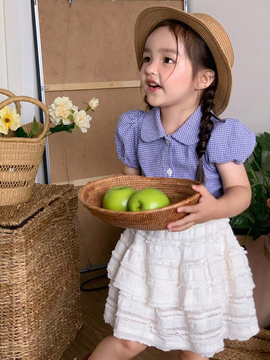 DAZY 2 件套婴儿/幼儿女孩格子印花休闲短袖衬衫 + 裙子套装，夏季 - 藍色 - 查看 1