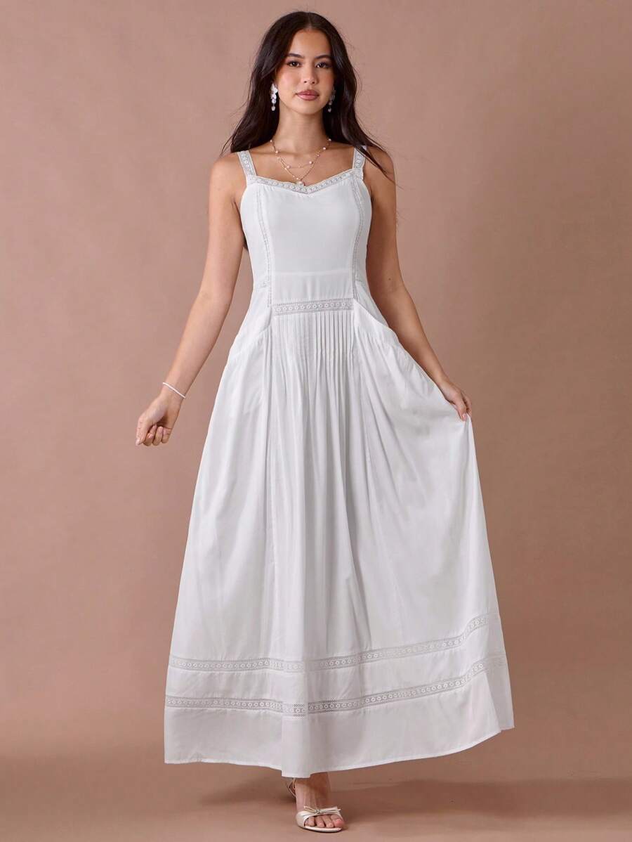Enchnt Robe maxi femme blanche à dentelle romantique, taille plissée avec poches, pour l'été et l'automne