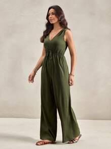 Wildy 美国西部乡村风格棕色V领波西米亚连体裤女士连体裤小巧绿色连体裤女士连体裤无袖连体裤阔腿连体裤乡村服装女士教师服装女士秋季女装秋季女装女士连体裤优雅绿色 - 綠色 - 查看 5