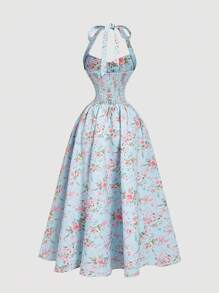 SHEIN X Hannahelzahed SHEIN MOD 女式蓝色花卉印花露背荷叶边蝴蝶结摆裙 - 藍色 - 查看 2