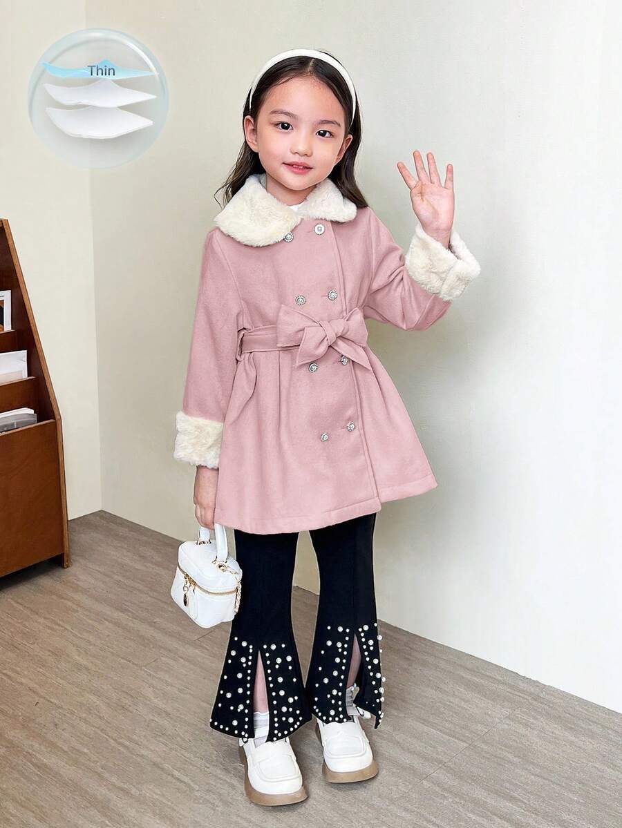 SHEIN 秋冬少女双面羊毛人造毛领系带夹克 - 紅白色 - 查看 1