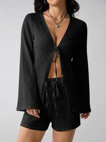 SHEIN PETITE 2 件套女士夏季纯色前系带长袖衬衫 + 针织短裤休闲度假套装 - 黑色 - 查看 5