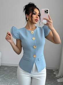 Chiquease Women's High-End Elegant Layered Black Waistcoat With Sleeve Tuck Ruffle Details Clothes For University - Baby Blue - View 4