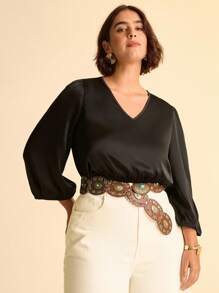 CAJUNI Plus Size Women's Elegant Black Mandarin Collar Loose Shirt,Autumn Formal Dinner Evening Tops,Simplistic Bohemian Casual Country Clothes - Black - View 3