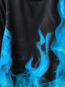 SHEIN 两件套青少年男童休闲舒适百搭火焰印花圆领运动衫和运动裤套装 - 黑色 - 查看 4