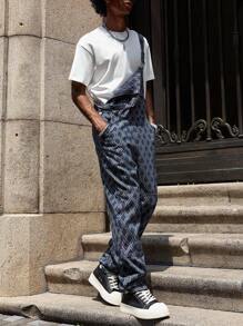 PAVTROS Manfinity Streetrush Men's Navy Argyle Print Casual Denim Bib Overalls