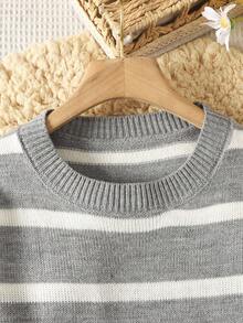 SHEIN Teens' Casual Loose Fit Colorblock Striped Round Neck Pullover Sweater Fall Winter - Grey - View 6