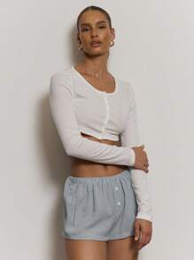 MUSERA Button Front Scooped Long Sleeve Crop Top Cute Holiday Vacation Casual Sexy Elegant Classy Girly Airport Basics Collective Office Attire For Women, Office Wear Women Back To School Fall Autumn Elegant