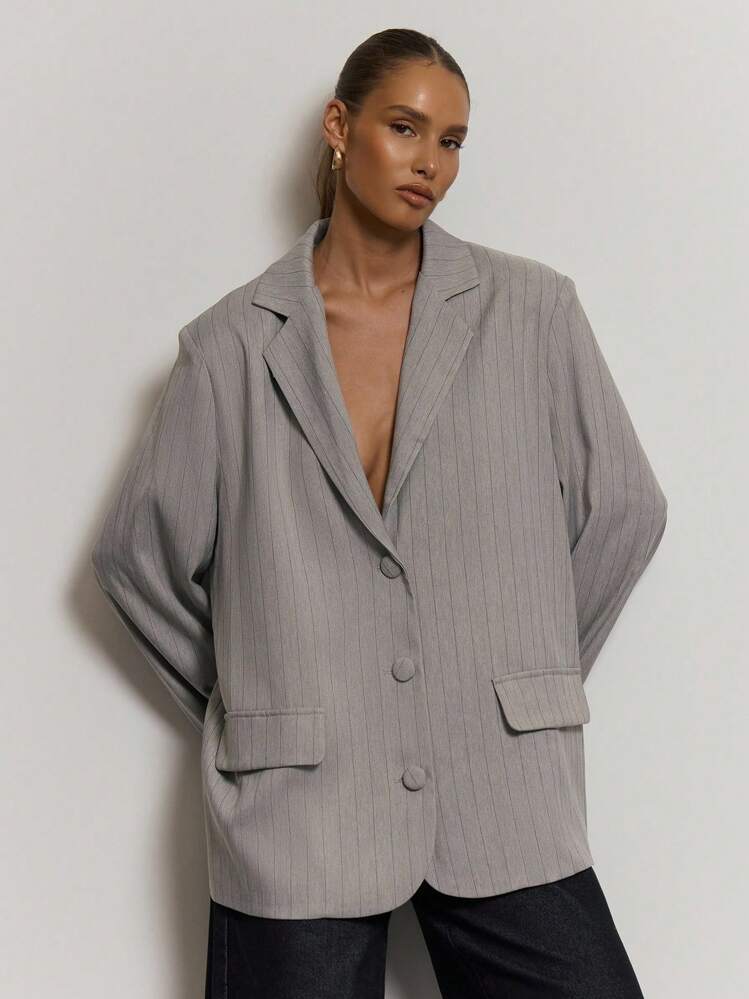 MUSERA Oversized Lapel Collar Relaxed Fit Blazer Elegant Professional Business Casual Vacation Fall Winter Autumn Work Office Old Money Date Night Going Out Back To School Wedding Guest Suit Cute Everyday Smart Tailored Capsule Wardrobe Spring - Grey - View 1