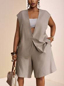 Veslaya 复活节西部海滩波西米亚乡村音乐节热带度假大码女装，百搭休闲简约基本款夏季海滩优雅西装外套和短裤套装 - 咖啡棕 - 查看 1