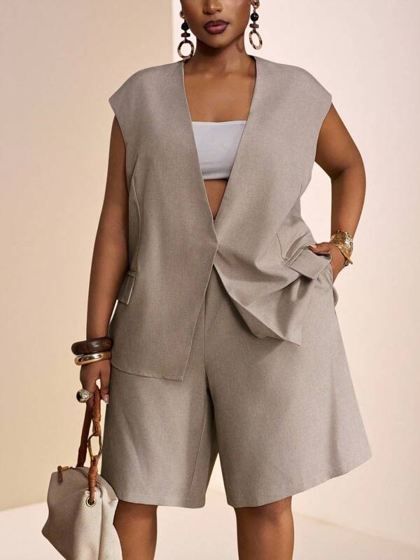 Veslaya Easter Western Beach Boho Country Music Festival Tropical Vacation Plus Size Women Outfit, Versatile Casual Simplistic Basics Summer Beach Elegant Blazer And Shorts Set