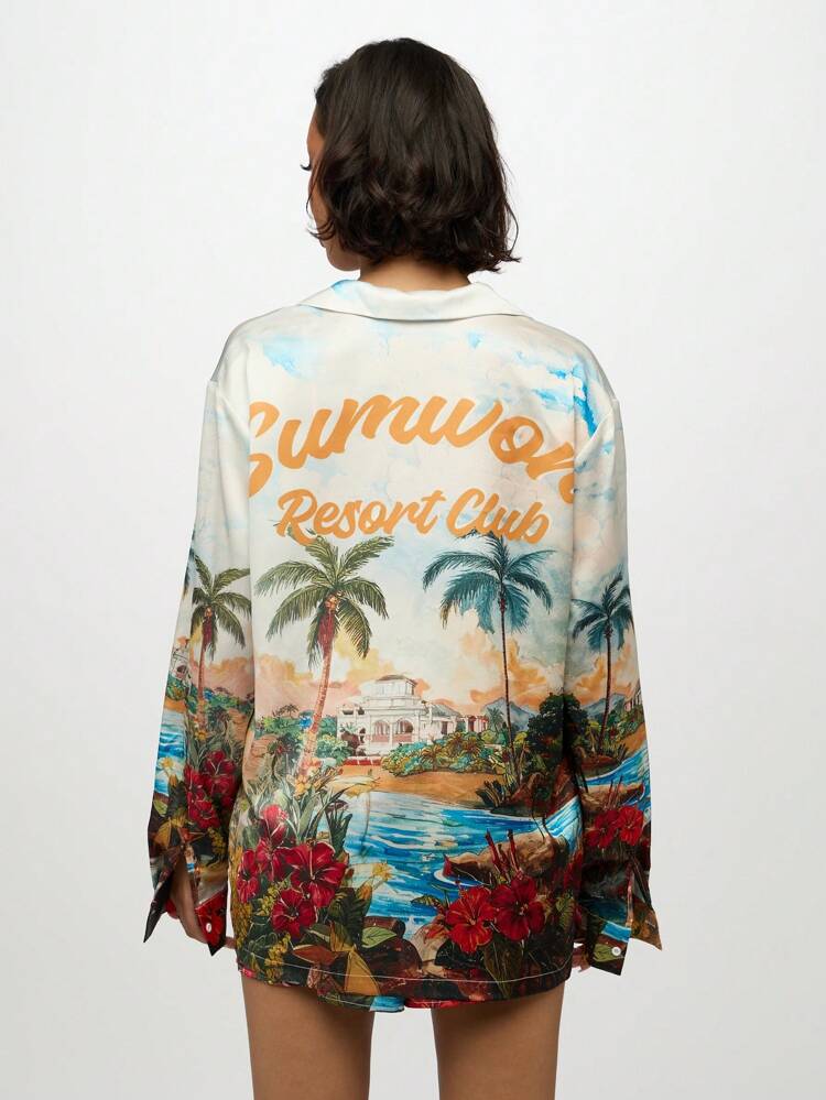 SUMWON WOMEN Tropical Paradise Resort Print Button Down Shirt