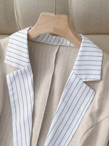 Franclia Chaqueta estilo blazer ajustada de lino beige con rayas, cuello con contraste y un solo botón, versátil para uso casual, oficina y commuting. Nueva ropa de mujer casual de primavera/otoño para el trabajo