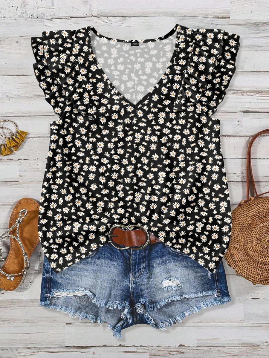 SHEIN LUNE Blusa de verano casual con cuello en V, manga con volantes y estampado floral para mujer talla grande