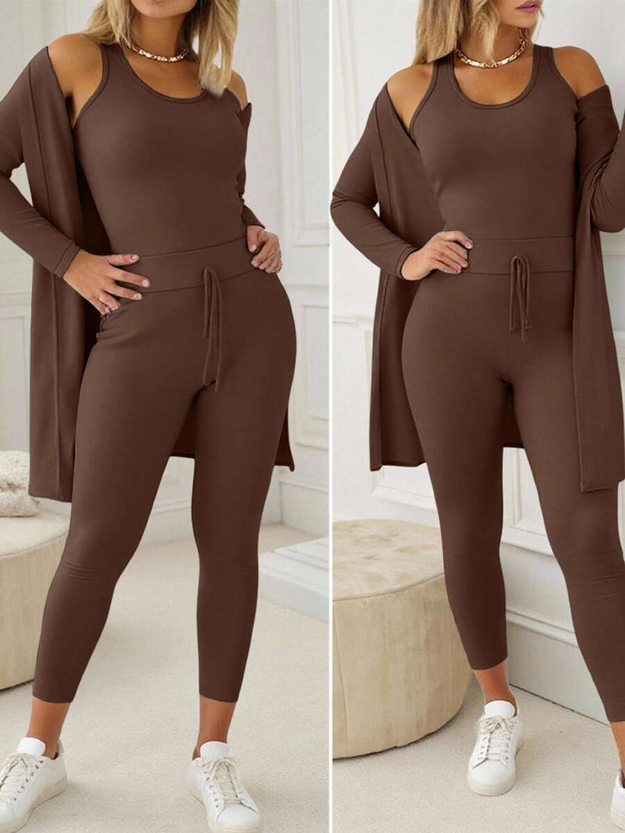 INAWLY 女士百搭纯色运动套装（夹克、背心、紧身裤） - 棕色 - 查看 1