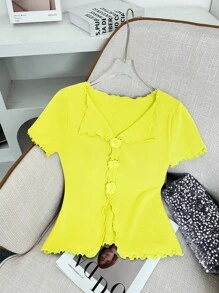 SHEIN LUNE 3D Blumen V-Ausschnitt Kurzarm Volant Saum figurbetontes Strick-Top für Frauen - Gelb - Übersicht 5