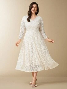 Flouryn Đầm Maxi Ren Cổ Chữ V Tay Dài Cỡ Lớn Ôm Eo Kiểu Chữ A, Viền Ren Thường Ngày - Màu be - Xem 3