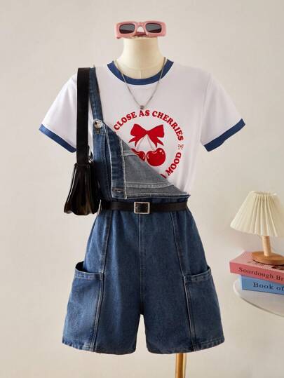 2 件套青少年女孩服装 - 修身圆领短袖印花 T 恤和牛仔背带短裤套装，适合春夏季