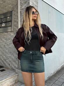 Forever 21 Casual Washed Blue Denim Mini Skirt - Navy Blue - View 5