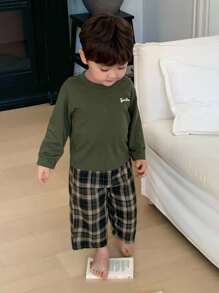 DAZY Toddler Boys Casual Homewear Set - Round Neck Solid Color Short Sleeve T-Shirt & Plaid Long Pants - Green - View 6