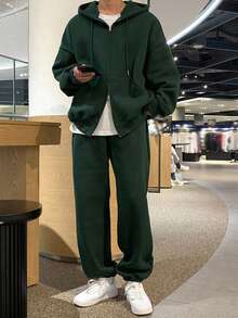 DAZY Men's Solid Green Color Hoodie Hooded Sweatshirt Set, For Autumn - Green - View 3