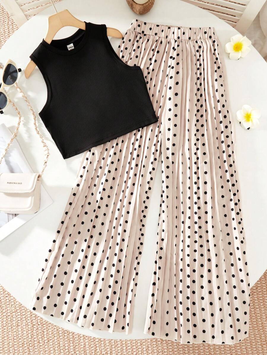 Girls Solid Tank Top & Polka Dot Print Wide Leg Trousers - Multicolor - View 1