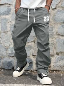 Manfinity Hypemode 男士数字印花抽绳腰褶宽松休闲裤 Y2k 街头潮流裤 灰色，秋季 - 灰色 - 查看 3