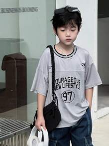 Dazy Kids Camiseta de manga corta de corte suelto informal con estampado de letra para niños preadolescentes, para el verano - Gris - Ver 1