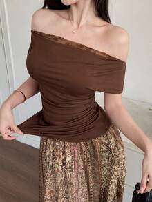 DAZY 女士两件套：宽松领口上衣和半裙，休闲露肩上衣 - 彩色 - 查看 5