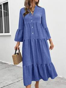 SHEIN LUNE 女式缺口领单排扣长袖休闲连衣裙长款女装 - 藍色 - 查看 3