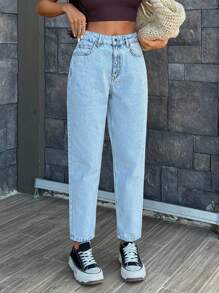 SHEIN Cottnline 90's Baby Blue Mom Fit High Waist Denim Jean Baggy Jeans Mom Jeans Y2k Jeans 90s Jeans - Light Wash - View 4