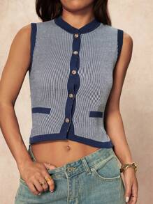 SHEIN PETITE 女士条纹单排扣休闲短款针织背心 - 藏蓝色 - 查看 1