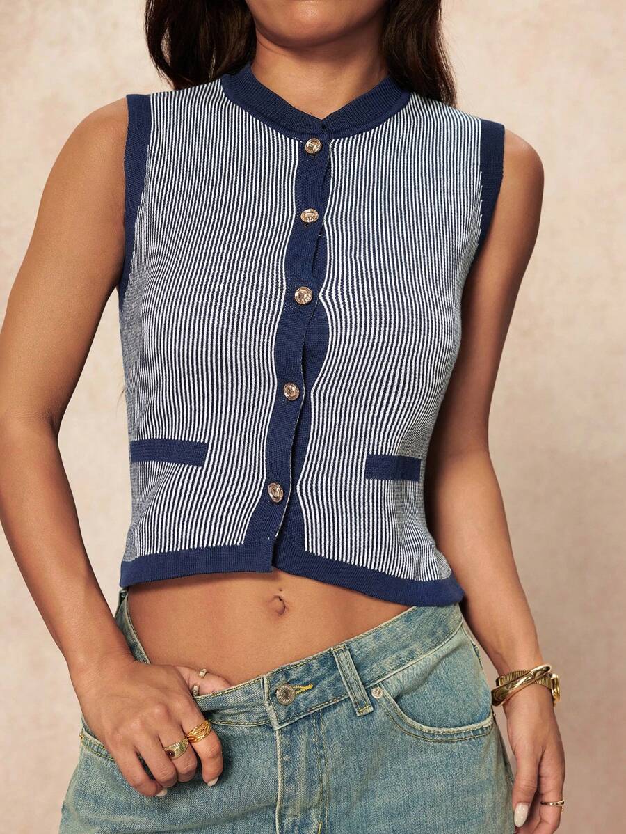 SHEIN PETITE 女士条纹单排扣休闲短款针织背心 - 藏蓝色 - 查看 1